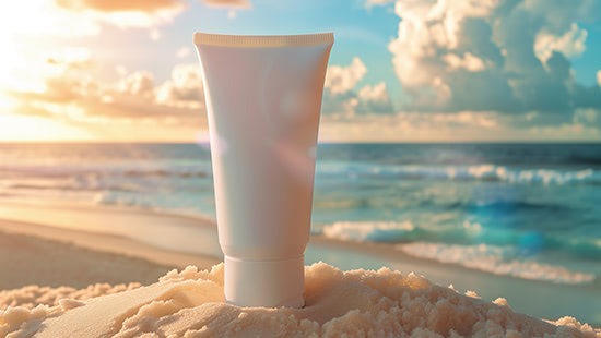 Sun cream bottle on sand with beach background